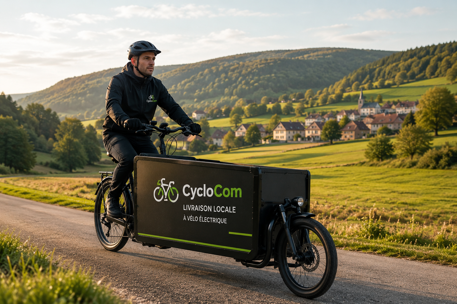 Coursier à vélo cargo sur une route de village du Jura bernois