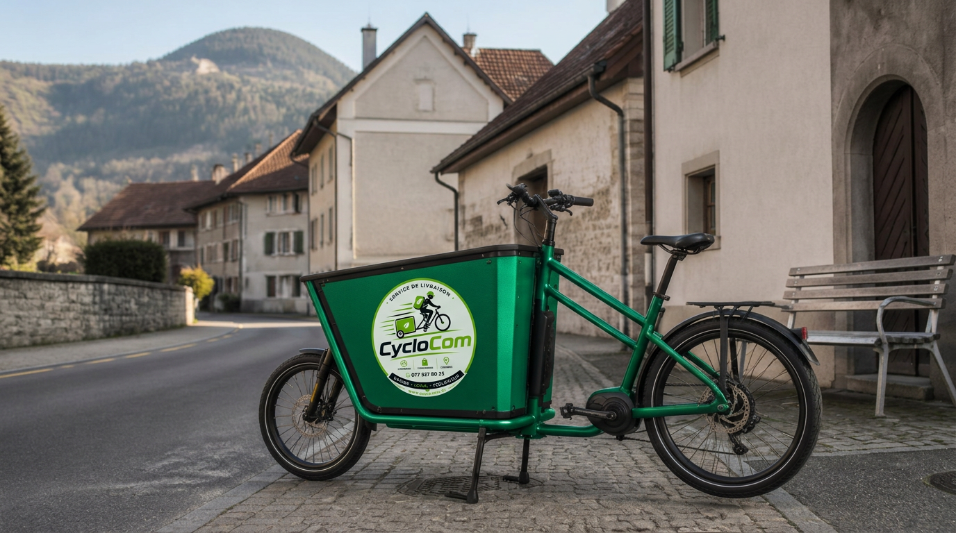 Vélo cargo électrique de livraison stationné dans une rue de village du Jura bernois